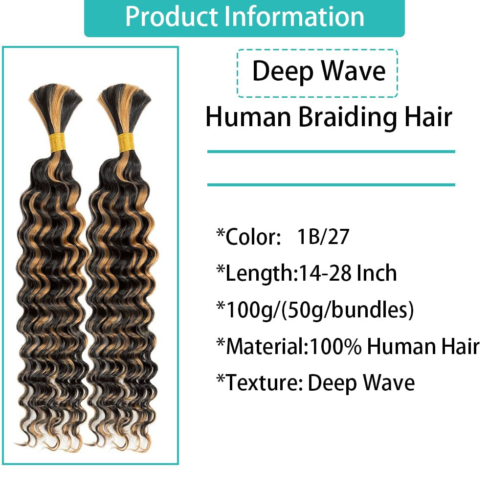 "Ombre 1B/27 Deep Wave Bulk Braiding Hair – 2 Bundles, 26”