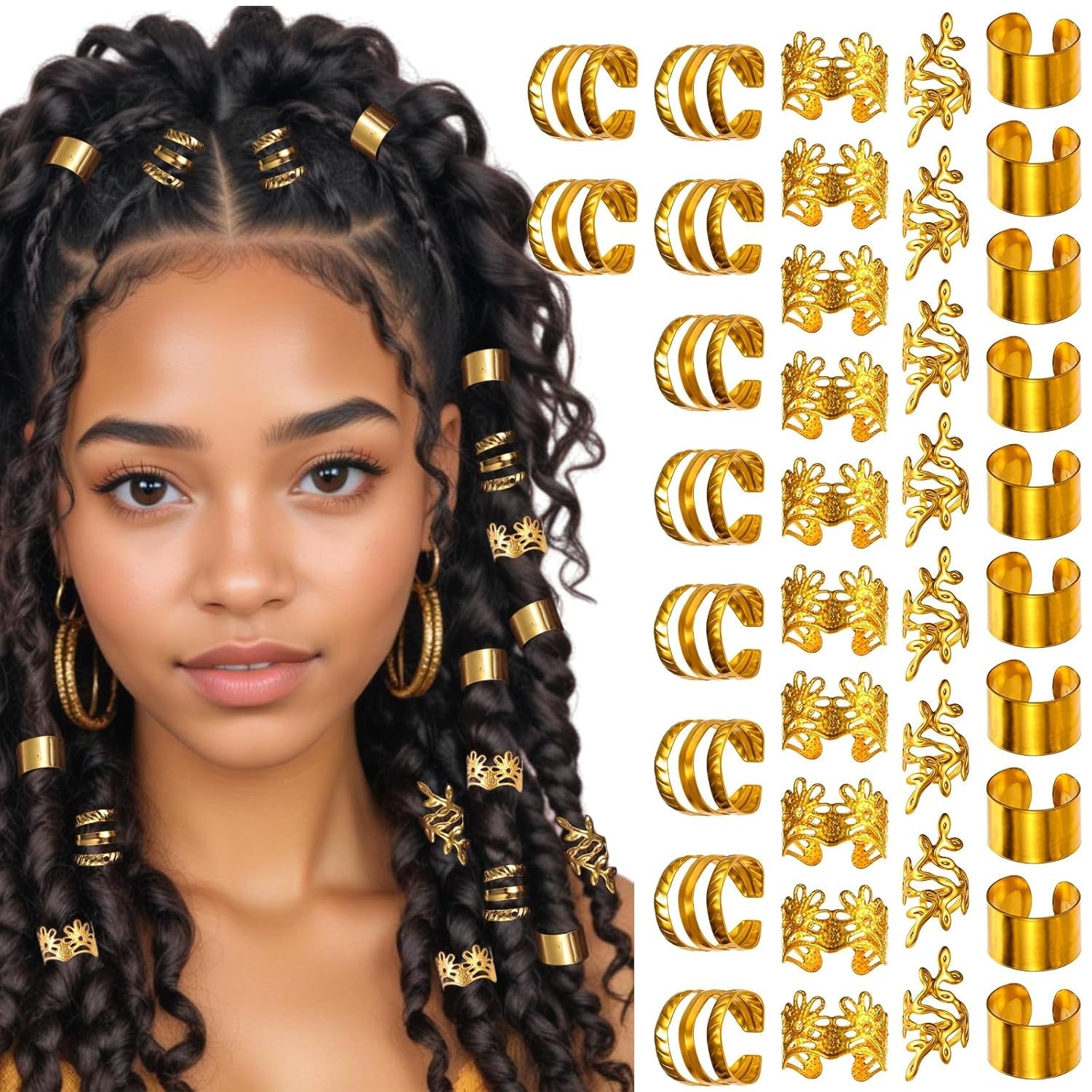 40Pcs Hair Cuffs for Braids Gold Hair Jewelry for Braid Accessories Loc Hair Jewelry Clips Metal Dreadlock Braid Charms Hair Decoration for Women Girls Non-Piercing Ear Clips