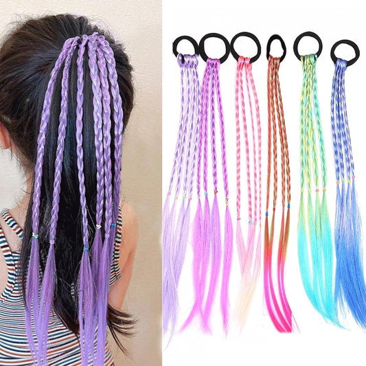 6PCS Colorful Hair Extensions, Pink Braided Wigs Bands, Rubber Ponytail Headbands for Girls, Cool Girls Hair Accessories, Headwear Hair Accessories for Women