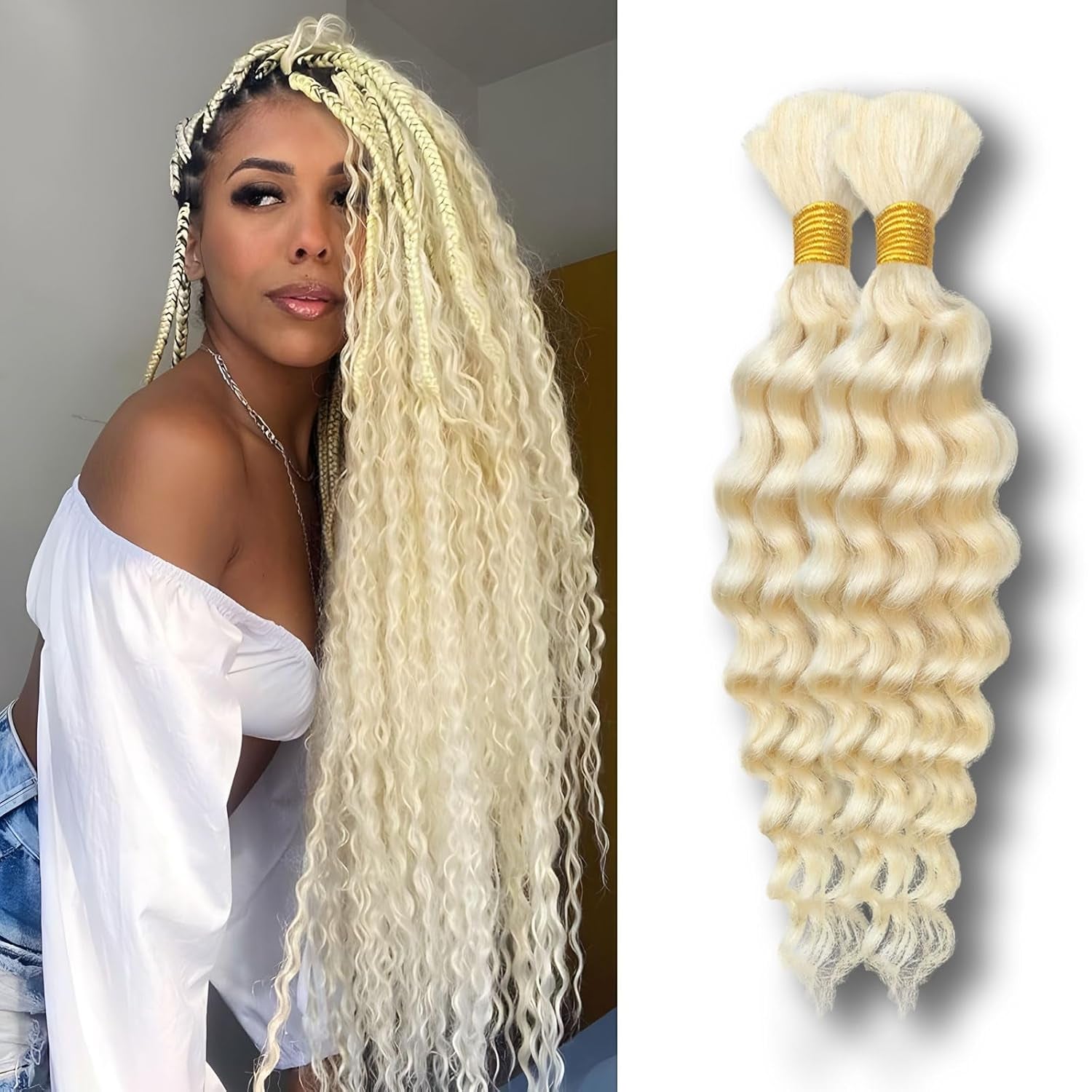 613 Blonde 14 Inch 2 Bundles 100G Deep Curly Wave Bulk Human Hair for Braiding Unprocessed Brazilian Virgin Water Wave Human Braiding Hair for Boho Braids Wet and Wavy Braiding Hair